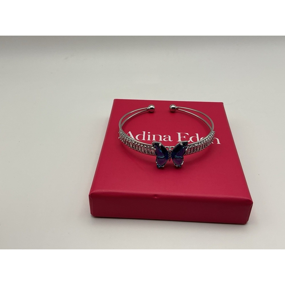 Adina Eden Silver Tone Blue Butterfly CZ Open Cuff Bracelet Waterproof NIB